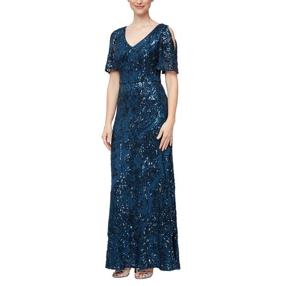 Women's Sequin Stretch Lace Cold Shoulder Gown 14 Petite Deep Ocean Blue - Picture 1 of 3